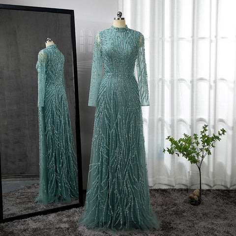 Robe de soirée élégante de luxe style sirène dorée musulmane, col haut, perles, 2025, pour femmes, LA71682 