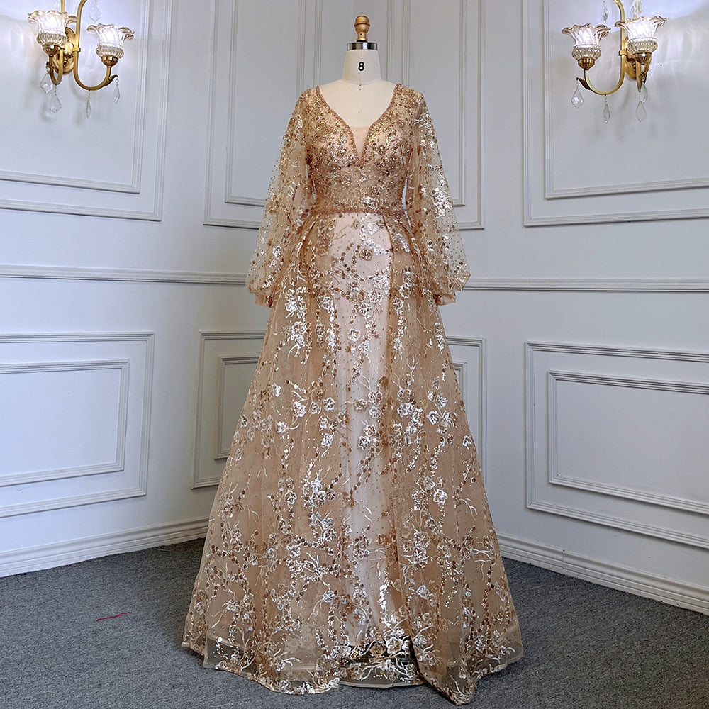 Muslim Gold Mermaid Elegant Puff Sleeves V-Neck  Luxury Beaded Evening Dresses Gowns 2025 For Women Party LA71761