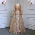 Muslim Gold Mermaid Elegant Puff Sleeves V-Neck  Luxury Beaded Evening Dresses Gowns 2025 For Women Party LA71761