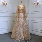 Muslim Gold Mermaid Elegant Puff Sleeves V-Neck  Luxury Beaded Evening Dresses Gowns 2025 For Women Party LA71761