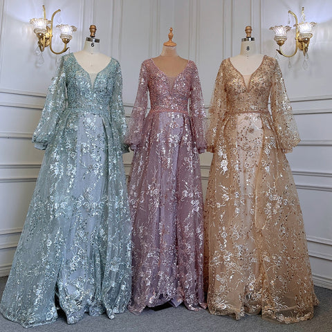 Muslim Gold Mermaid Elegant Puff Sleeves V-Neck  Luxury Beaded Evening Dresses Gowns 2025 For Women Party LA71761