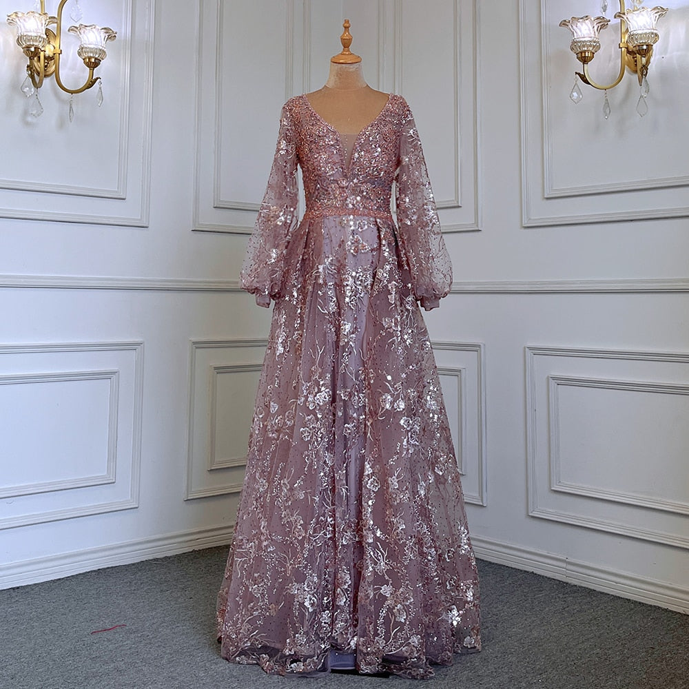 Muslim Gold Mermaid Elegant Puff Sleeves V-Neck  Luxury Beaded Evening Dresses Gowns 2025 For Women Party LA71761