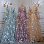 Muslim Gold Mermaid Elegant Puff Sleeves V-Neck  Luxury Beaded Evening Dresses Gowns 2025 For Women Party LA71761