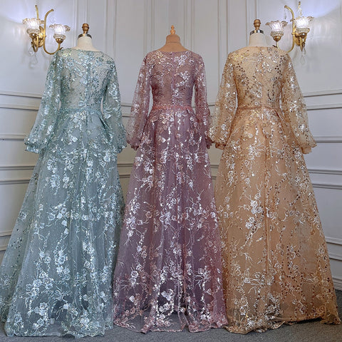 Muslim Gold Mermaid Elegant Puff Sleeves V-Neck  Luxury Beaded Evening Dresses Gowns 2025 For Women Party LA71761