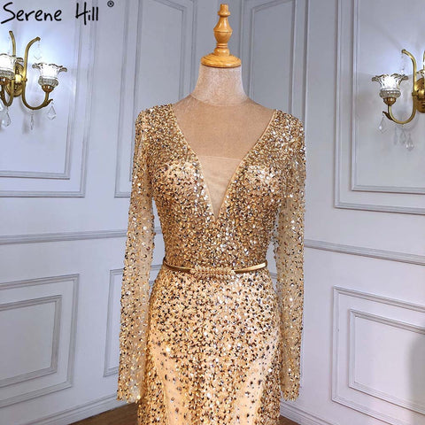 Muslim Gold Mermaid Evening Dresses Gowns 2025 Luxury Elegant Beaded Feathers For Women Party LA71475