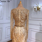 Muslim Gold Mermaid Evening Dresses Gowns 2025 Luxury Elegant Beaded Feathers For Women Party LA71475