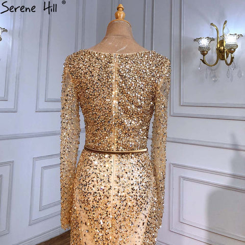 Muslim Gold Mermaid Evening Dresses Gowns 2025 Luxury Elegant Beaded Feathers For Women Party LA71475