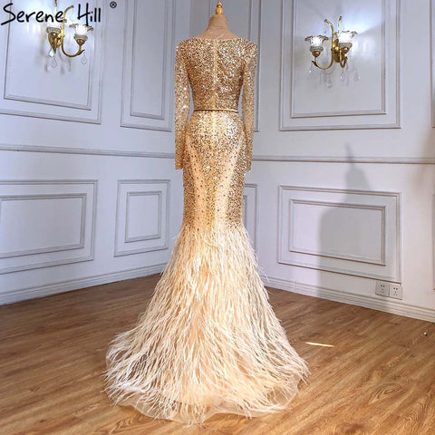 Muslim Gold Mermaid Evening Dresses Gowns 2025 Luxury Elegant Beaded Feathers For Women Party LA71475