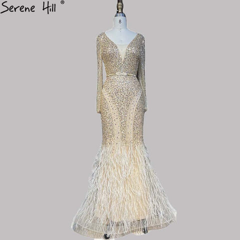 Muslim Gold Mermaid Evening Dresses Gowns 2025 Luxury Elegant Beaded Feathers For Women Party LA71475