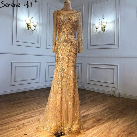 Muslim Gold Mermaid Evening Dresses Gowns 2025 Luxury Elegant Beading Sashes For Women Party LA71140