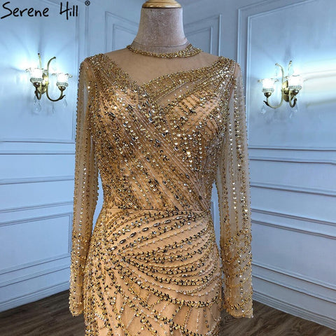 Muslim Gold Mermaid Evening Dresses Gowns 2025 Luxury Elegant Beading Sashes For Women Party LA71140