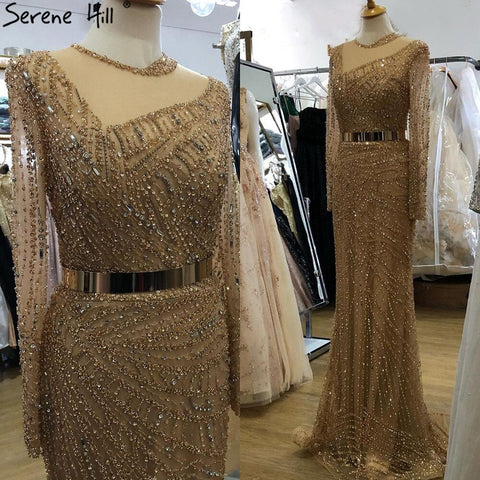 Muslim Gold Mermaid Evening Dresses Gowns 2025 Luxury Elegant Beading Sashes For Women Party LA71140