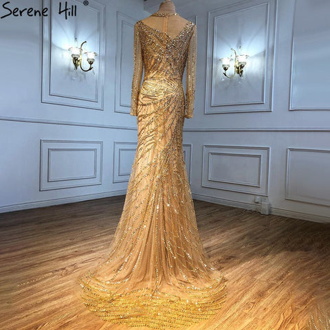 Muslim Gold Mermaid Evening Dresses Gowns 2025 Luxury Elegant Beading Sashes For Women Party LA71140