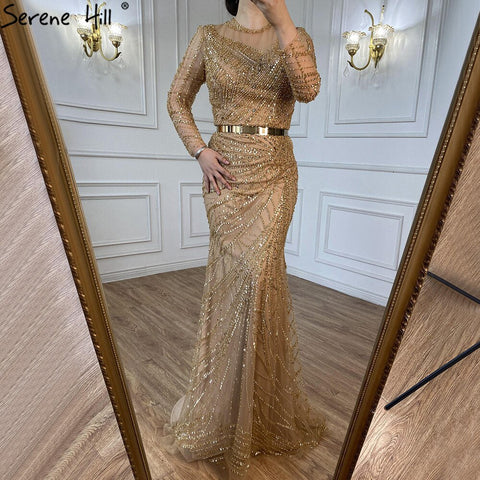 Muslim Gold Mermaid Evening Dresses Gowns 2025 Luxury Elegant Beading Sashes For Women Party LA71140