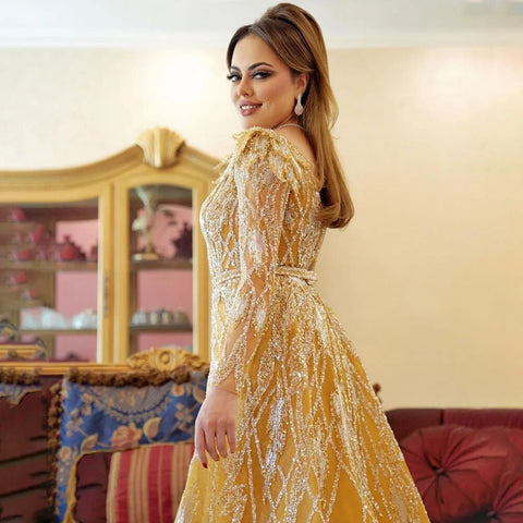 Muslim Gold Mermaid  With Overskirt Beaded Luxury Dubai Evening Dresses Gowns 2025 For Women Wedding Party LA72211