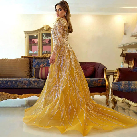 Muslim Gold Mermaid  With Overskirt Beaded Luxury Dubai Evening Dresses Gowns 2025 For Women Wedding Party LA72211