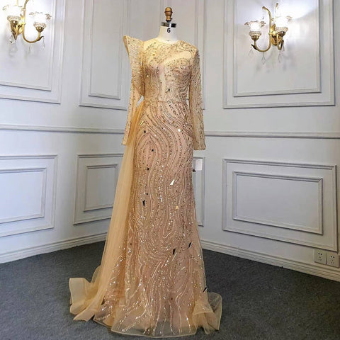 Muslim Gold Overskirt Luxury Evening Dresses Gowns Beaded Meramid Elegant 2025 For Women Party LA71528