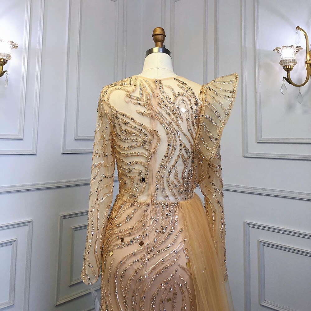 Muslim Gold Overskirt Luxury Evening Dresses Gowns Beaded Meramid Elegant 2025 For Women Party LA71528