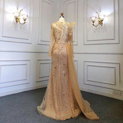 Muslim Gold Overskirt Luxury Evening Dresses Gowns Beaded Meramid Elegant 2025 For Women Party LA71528