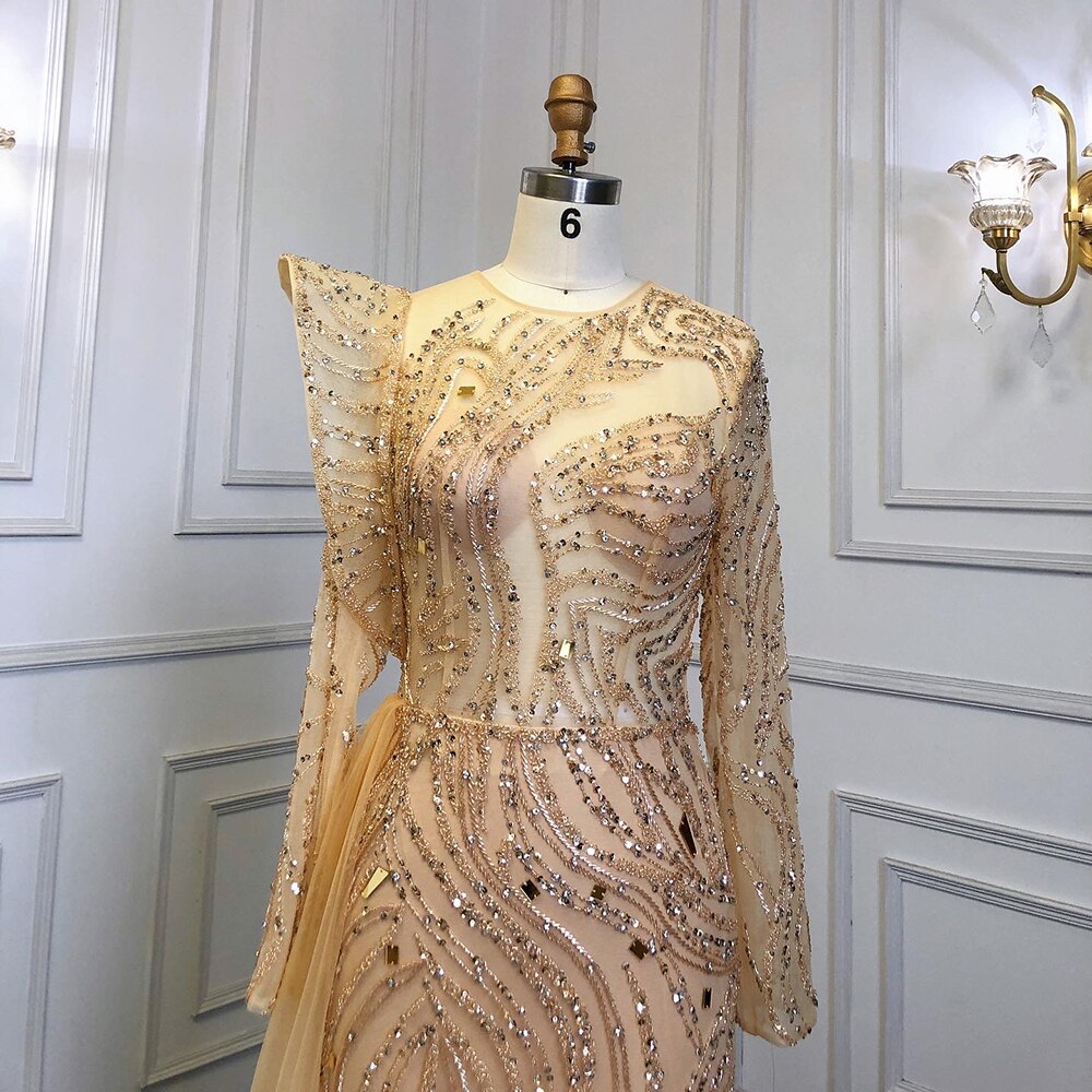 Muslim Gold Overskirt Luxury Evening Dresses Gowns Beaded Meramid Elegant 2025 For Women Party LA71528