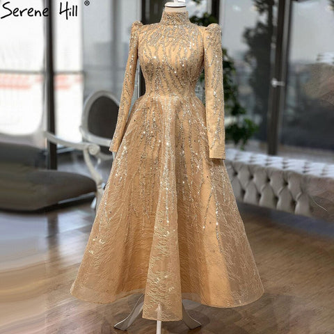 Muslim Gold Sparkle  Ankle Length  Beading  Evening Dresses Gowns 2025  A-Line For Women Party LA70996