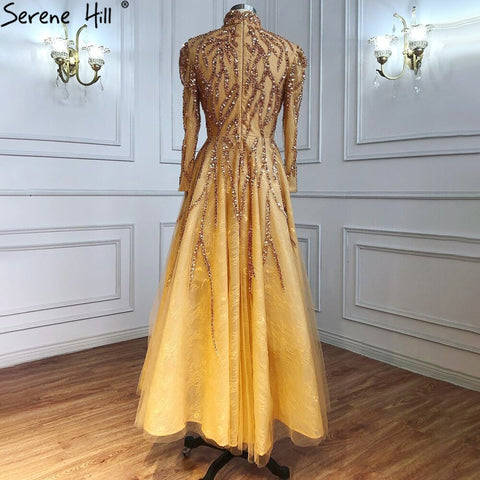 Muslim Gold Sparkle  Ankle Length  Beading  Evening Dresses Gowns 2025  A-Line For Women Party LA70996