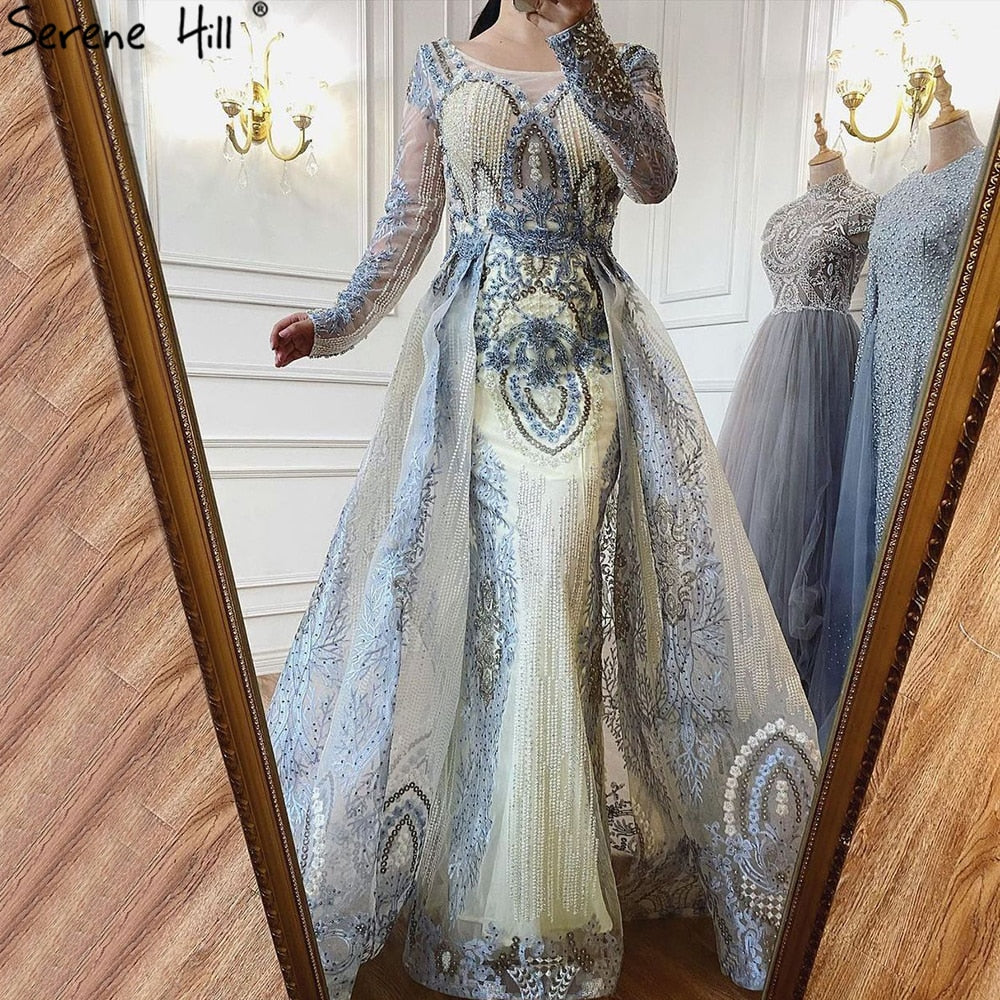 Muslim Gold With Overskirt Evening Dresses Gowns 2025 Luxury Lace Beaded Crystal For Woman Party LA71170
