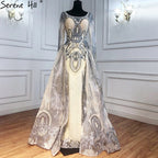 Muslim Gold With Overskirt Evening Dresses Gowns 2025 Luxury Lace Beaded Crystal For Woman Party LA71170