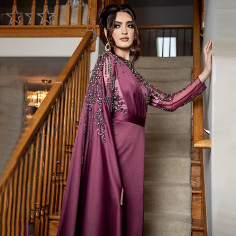 Muslim Grape Purple Luxury Evening Dresses Gowns 2025 High Split Satin For Women Party LA71456