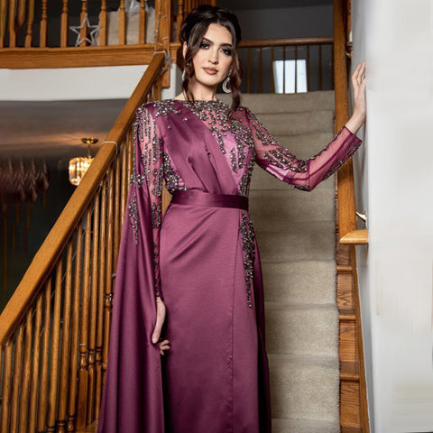 Muslim Grape Purple Luxury Evening Dresses Gowns 2025 High Split Satin For Women Party LA71456