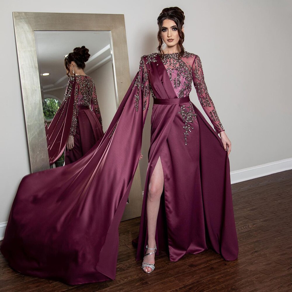 Muslim Grape Purple Luxury Evening Dresses Gowns 2025 High Split Satin For Women Party LA71456