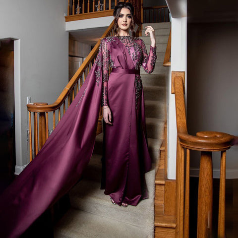 Muslim Grape Purple Luxury Evening Dresses Gowns 2025 High Split Satin For Women Party LA71456