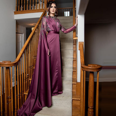 Muslim Grape Purple Luxury Evening Dresses Gowns 2025 High Split Satin For Women Party LA71456