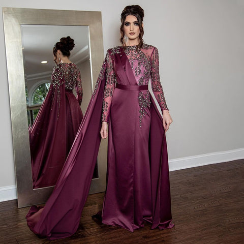 Muslim Grape Purple Luxury Evening Dresses Gowns 2025 High Split Satin For Women Party LA71456