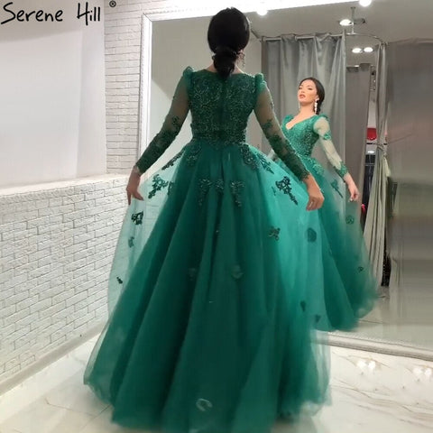 Muslim Green A-Line Evening Dresses Gowns 2025 Beading Lace Luxury For Women Party LA71068