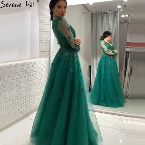 Muslim Green A-Line Evening Dresses Gowns 2025 Beading Lace Luxury For Women Party LA71068
