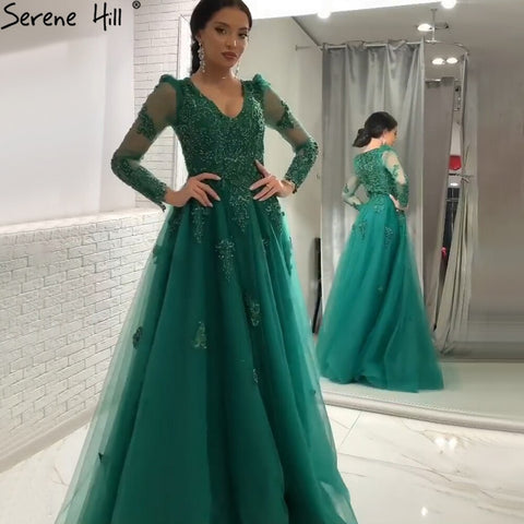 Muslim Green A-Line Evening Dresses Gowns 2025 Beading Lace Luxury For Women Party LA71068
