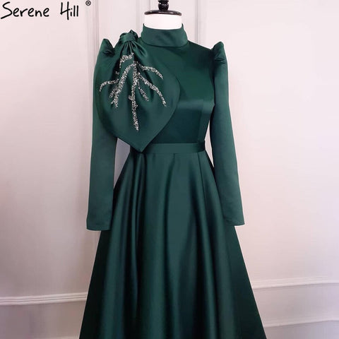 Muslim Green A-Line Evening Dresses Gowns 2025 Beading Satin For Women Wedding Party LA71115