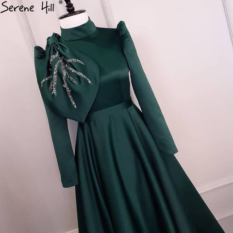 Muslim Green A-Line Evening Dresses Gowns 2025 Beading Satin For Women Wedding Party LA71115
