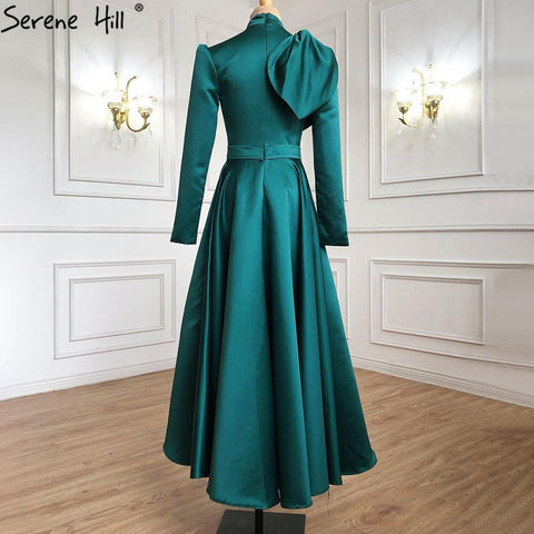 Muslim Green A-Line Evening Dresses Gowns 2025 Beading Satin For Women Wedding Party LA71115