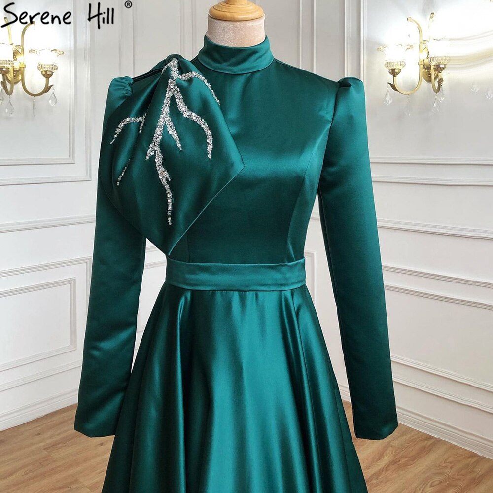 Muslim Green A-Line Evening Dresses Gowns 2025 Beading Satin For Women Wedding Party LA71115