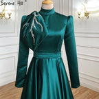 Muslim Green A-Line Evening Dresses Gowns 2025 Beading Satin For Women Wedding Party LA71115