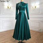 Muslim Green A-Line Evening Dresses Gowns 2025 Beading Satin For Women Wedding Party LA71115