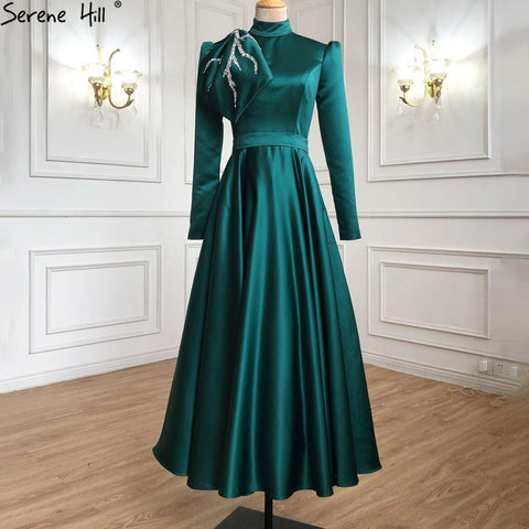 Muslim Green A-Line Evening Dresses Gowns 2025 Beading Satin For Women Wedding Party LA71115