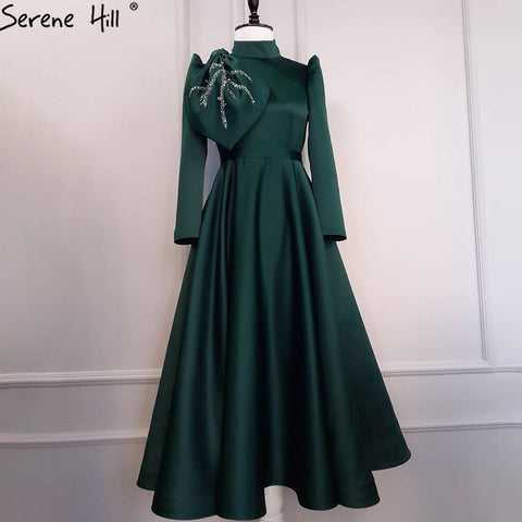 Muslim Green A-Line Evening Dresses Gowns 2025 Beading Satin For Women Wedding Party LA71115