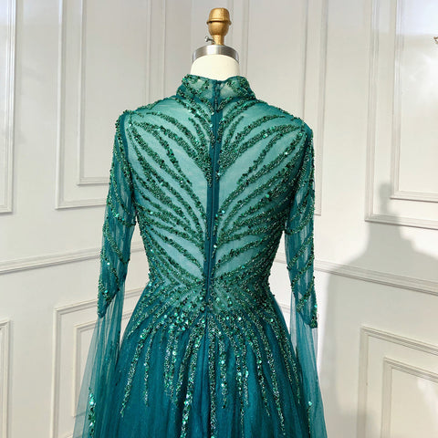 Robe de soirée de luxe à perles style musulman vert, coupe trapèze, en solde, sans retour ni remboursement, 2025, pour femmes, LA71640 