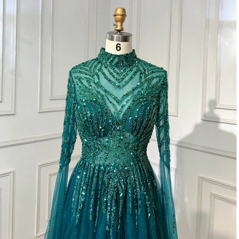 Robe de soirée de luxe à perles style musulman vert, coupe trapèze, en solde, sans retour ni remboursement, 2025, pour femmes, LA71640 