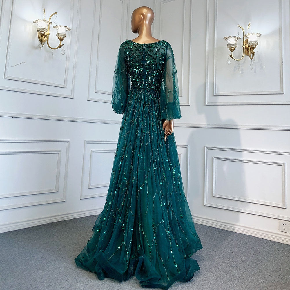 Muslim Green A-Line Luxury Evening Dreses Gowns 2025  O-Neck Puff Sleeves Beaded Sexy Formal Woman Party LA71049A