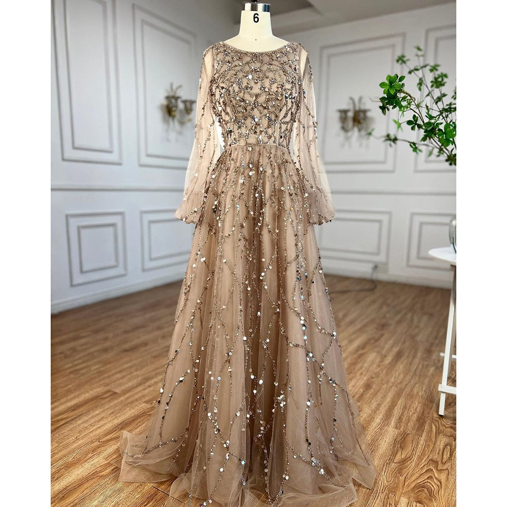 Muslim Green A-Line Luxury Evening Dreses Gowns 2025  O-Neck Puff Sleeves Beaded Sexy Formal Woman Party LA71049A