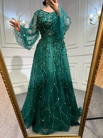 Muslim Green A-Line Luxury Evening Dreses Gowns 2025  O-Neck Puff Sleeves Beaded Sexy Formal Woman Party LA71049A